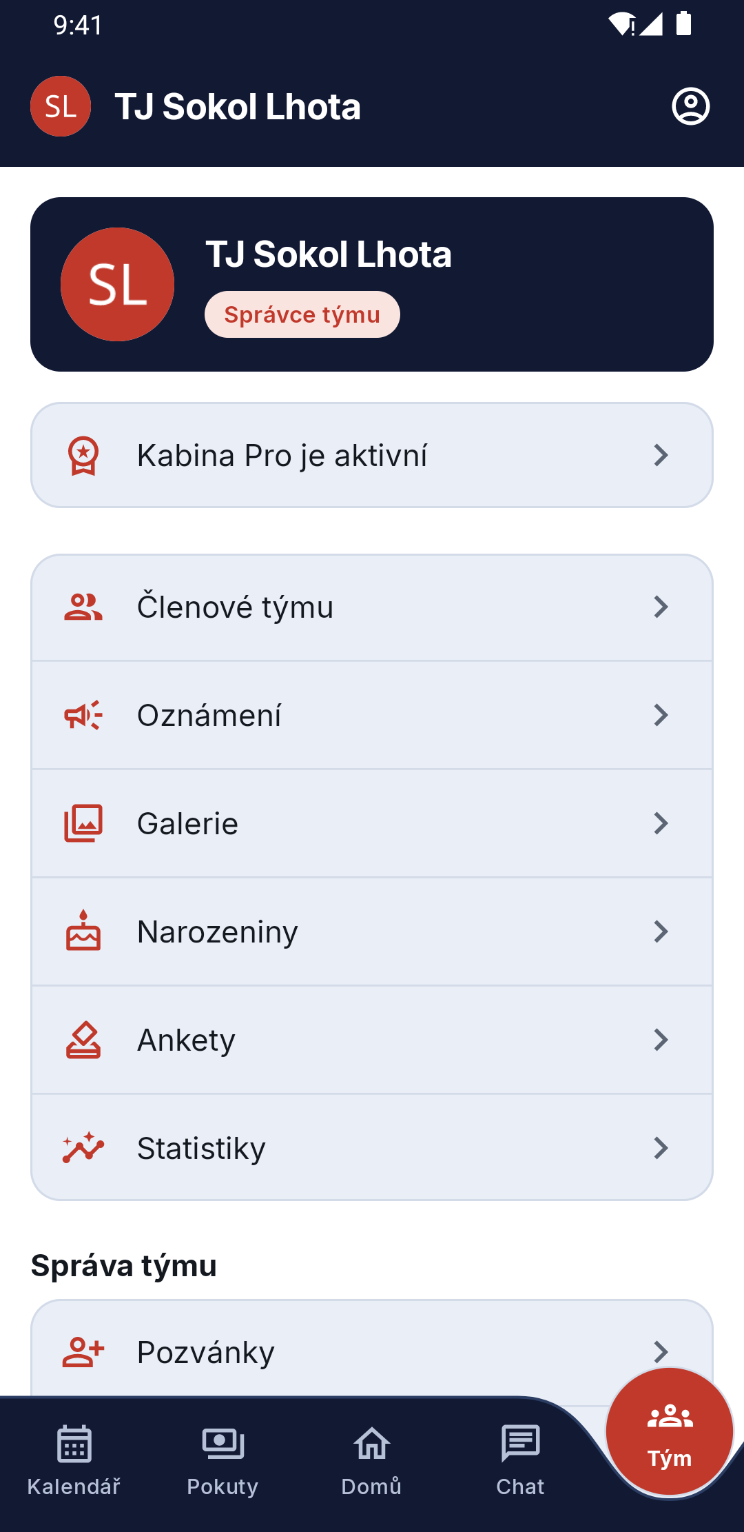 Oznámení a správa týmu