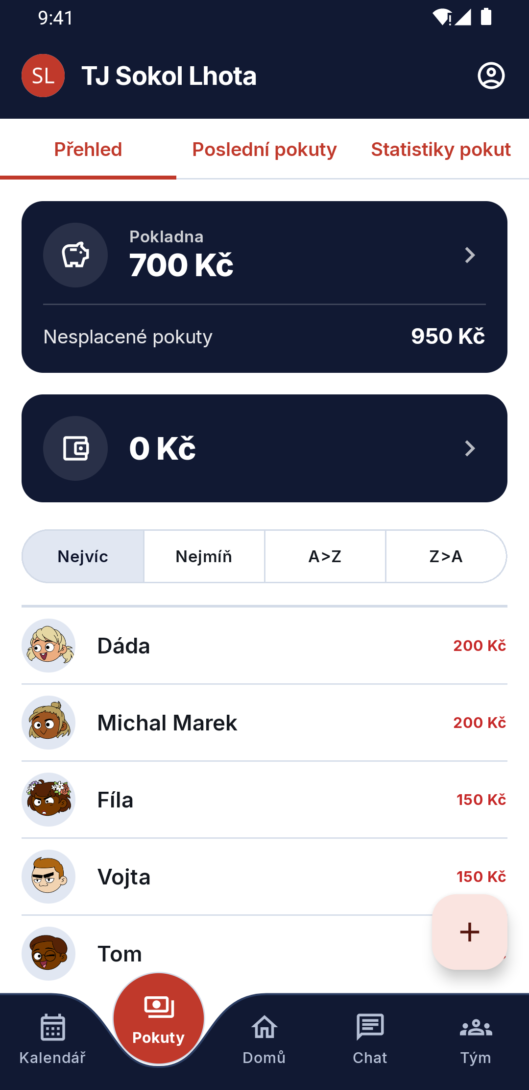 Pokladna a pokuty týmu